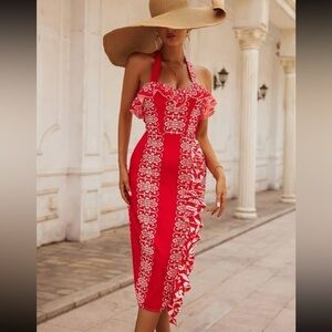 Hawaiian Elegant Tribal Backless Halter Midi Dress